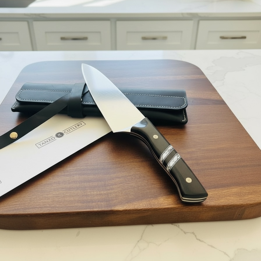 TANZO CUTLERY professional chef knife with a polished steel blade and patterned handle on a wooden cutting board